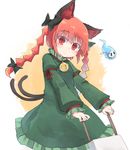  animal_ears bangs bell black_bow blush bow braid cat_ears cat_tail closed_mouth cowboy_shot dress eyebrows_visible_through_hair green_dress hair_bow highres hitodama juliet_sleeves kaenbyou_rin kibisake long_sleeves looking_at_viewer multicolored multicolored_background multiple_tails puffy_sleeves red_eyes red_hair solo tail touhou twin_braids two-tone_background 