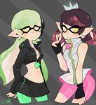  2017 beauty_mark breasts callie_(splatoon) cephalopod cleavage clothed clothing cosplay crown duo ear_piercing fangs female fingerless_gloves gloves hair happy hi_res humanoid inkling jacket kibou_dere_(artist) long_hair marie_(splatoon) marine mask nintendo not_furry open_mouth orange_eyes piercing pointy_ears short_hair smile splatoon squid squid_sisters_(splatoon) tentacle_hair tentacles v_sign video_games 