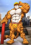  2017 abs anthro barefoot biceps big_biceps big_muscles black_claws brown_eyes brown_fur brown_stripes brown_tail building bulge city claws clothed clothing detailed_background english_text feline fur grisser hi_res huge_muscles jockstrap long_tail looking_at_viewer male mammal multicolored_skin muscular muscular_arms muscular_legs muscular_male navel orange_fur orange_skin orange_tail outside pecs penis_outline pink_nose pose raised_arm sky smile solo standing striped_tail stripes text tiger toe_claws toes topless underwear white_fur white_skin 