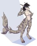 4_toes 5_fingers anthro black_hair blue_eyes breasts digitigrade eyebrows eyelashes featureless_breasts featureless_crotch female fin fish grey_skin hair marine navel nude redcreator shark simple_background smile solo standing toes wide_hips 