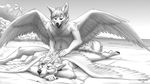  2017 5_fingers anthro black_nose canine detailed_background duo feathered_wings feathers fox fur hair horn hybrid kero_tzuki male mammal nude smile white_feathers white_fur white_hair wings wolf 