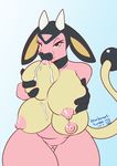  2017 4_breasts anthro areola bearbox_doodletimes big_breasts bovine breast_suck breasts digital_media_(artwork) eyelashes female hi_res huge_breasts lactating looking_at_viewer mammal miltank multi_breast multi_nipple nintendo nipples nude pok&eacute;mon self_suckle simple_background solo sucking teats udders video_games wide_hips 