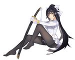  azur_lane bangs black_hair black_legwear blunt_bangs breasts closed_mouth commentary_request eyebrows_visible_through_hair from_side full_body gloves half_gloves holding holding_sword holding_weapon ji_yue katana knee_up long_hair long_sleeves looking_at_viewer medium_breasts military military_uniform miniskirt no_shoes pantyhose pleated_skirt ponytail sheath sheathed simple_background sitting skirt solo sword takao_(azur_lane) thighband_pantyhose thighs tsurime uniform very_long_hair weapon white_background white_gloves white_skirt yellow_eyes 
