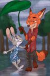  2017 akiric anthro barefoot breasts buckteeth canine clothed clothing cloud disney dress duo eye_contact female fox fur green_eyes hand_holding judy_hopps lagomorph leaf male male/female mammal nick_wilde no_underwear outside path purple_eyes rabbit raining reflection romantic_couple small_breasts smile teeth translucent transparent_clothing tree walking wet wet_clothing wet_fur zootopia 