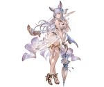  animal_ears bare_shoulders blue_eyes bracelet breasts cleavage crossed_legs erune flower full_body granblue_fantasy hair_ornament high_heels holding jewelry korwa long_hair looking_at_viewer medium_breasts minaba_hideo official_art parasol quill see-through silver_hair smile solo standing swimsuit transparent_background umbrella 