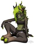  5_fingers anthro black_nose canine caprine clothed clothing cloven_hooves dragon female fur goat green_eyes green_hair grey_fur hair hooves horn hybrid jackal kero_tzuki mammal midriff scales simple_background smile solo teeth white_background 
