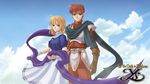  1girl adol_christin armor blonde_hair blue_sky cloud cloudy_sky copyright_name day elena_stoddart highres long_hair official_art outdoors purple_eyes red_hair scarf short_hair skirt sky smile ys ys_iii_wanderers_of_ys 