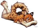  4_toes anthro digitigrade feline female fur kero_tzuki lying mammal nude ocelot pawpads purple_eyes simple_background solo spots spotted_fur toes white_background 