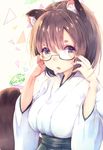  adjusting_eyewear animal_ear_fluff animal_ears artist_name bangs black_hakama blush breasts brown_hair chita_(ketchup) eyebrows_visible_through_hair glasses green_eyes hakama highres hikimayu japanese_clothes kimono large_breasts looking_at_viewer miko open_mouth original raccoon_ears raccoon_tail semi-rimless_eyewear short_hair signature solo tail triangle twitter_username upper_body white_background wide_sleeves 