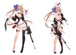  ahoge animal battle_rifle black_legwear blonde_hair blue_bow blue_eyes blush bow breasts choker cleavage dress eyebrows_visible_through_hair fal_(girls_frontline) fn_fal full_body girls_frontline gun hair_bow high_heels holding holding_gun holding_weapon jacket knife kukri large_breasts long_hair long_sleeves looking_at_viewer navel off_shoulder official_art open_mouth ribbon rifle scope side_ponytail simple_background single_thighhigh solo standing suisai thigh_strap thighhighs torn_clothes torn_legwear very_long_hair weapon white_background 