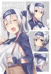  :t ^_^ ^o^ ainu_clothes blue_eyes breasts closed_eyes folded_ponytail hair_between_eyes headband holding holding_paper kamoi_(kantai_collection) kantai_collection large_breasts long_hair multiple_views paper smile translation_request twitter_username white_hair zhi_zhi/zu_zu 