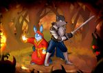  armor battle canine captainzepto clothing demon fight fire forest fox lagomorph magic magic_user mammal melee_weapon monster pyromancy rabbit robe shadow spell sword tree weapon 