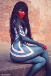  1girl ass black_hair blondiee bodysuit cosplay long_hair marvel outdoor silk_(marvel) sitting solo spandex wall 