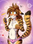  ! &lt;3 2017 5_fingers anthro blush breasts brown_hair chest_tuft clothed clothing controller eyebrows eyelashes featureless_breasts feline female flora_(twokinds) fur hair heresy_(artist) keidran mammal masturbation orange_fur panties partially_clothed remote_control sex_toy_under_clothing small_breasts solo striped_fur stripes suggestive tiger topless tuft twokinds underwear vibrating 