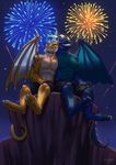 2017 4_toes abs anthro barefoot clothed clothing detailed_background digitigrade dragon duo fireworks horn kero_tzuki membranous_wings scalie sky smile star starry_sky toes topless western_dragon wings 