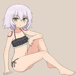  absurdres bare_legs bare_shoulders barefoot bikini collarbone commentary facial_scar fate/apocrypha fate_(series) green_eyes highres jack_the_ripper_(fate/apocrypha) lavender_hair looking_at_viewer open_mouth petite scar short_hair simple_background sitting solo swimsuit yakihebi 