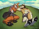  2017 4_toes 5_fingers anthro black_pawpads canine clothed clothing day detailed_background duo fur grass grey_fur kero_tzuki male mammal orange_fur outside pawpads smile tan_fur toes topless wolf 