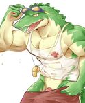  abs anthro chung0_0 clothed clothing colored crocodile crocodilian erection league_of_legends lifeguard male mammal muscular open_mouth pants_down partially_clothed pecs penis renekton reptile riot_games scalie shirt simple_background solo tank_top video_games white_background 