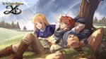 adol_christin blonde_hair blue_hair brown_hair company_name copyright_name day dogi_(ys) elena_stoddart highres long_hair multiple_boys official_art outdoors purple_eyes red_hair smile tree ys ys_iii_wanderers_of_ys 