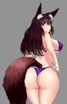  1girl :&lt; angry animal_ears ass bikini blush breasts brown_eyes brown_hair dimples_of_venus female fox_ears fox_tail from_behind highres large_breasts long_hair looking_at_viewer puffy_nipples purple_bikini purple_swimsuit red_eyes simple_background solo standing swimsuit tail wolfheck 
