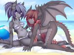  2017 anthro beach bikini clothing dragon duo fangs female hair horn long_hair looking_at_viewer outside red_eyes seaside smile swimsuit tolsticot 