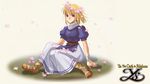  blonde_hair blush company_name copyright_name elena_stoddart flower flower_wreath head_wreath highres looking_at_viewer official_art purple_eyes short_hair sitting skirt smile solo ys ys_iii_wanderers_of_ys 