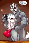  2017 abs anthro biceps black_nose bulge canine claws clothing english_text eye_patch eyewear grey_eyes grey_skin grin hair holding_object hungothenomster jockstrap male mammal muscular nintendo penis_outline phone selfie sharp_teeth smile solo speech_bubble standing star_fox teeth text underwear video_games white_hair white_skin wolf wolf_o&#039;donnell 