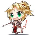  armor blonde_hair blush braid chibi clarent commentary_request fate/apocrypha fate_(series) full_body green_eyes hand_on_hip highres holding holding_sword holding_weapon looking_at_viewer mordred_(fate) mordred_(fate)_(all) open_mouth ponytail shachoo. smile solo standing sword weapon 