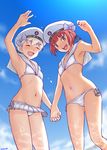  bare_shoulders bikini bikini_skirt blue_sky brown_eyes brown_hair closed_eyes clothes_writing cloud cowboy_shot day frilled_bikini frilled_skirt frills from_below hat highres holding_hands kantai_collection looking_at_viewer mu-pyon multiple_girls sailor_bikini sailor_collar sailor_hat silver_hair skirt sky swimsuit white_bikini white_hat z1_leberecht_maass_(kantai_collection) z3_max_schultz_(kantai_collection) 