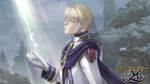  blonde_hair chester_stoddart closed_eyes copyright_name feathers highres male_focus official_art rain solo sword weapon wet ys ys_iii_wanderers_of_ys 