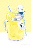  artist_name bear cup drinking_glass english food fruit ladder lemon lemon_slice lemonade no_humans original polar_bear serico striped striped_background watermark 
