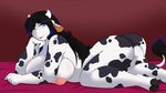  16:9 anthro belle_(cainesart) big_breasts black_hair blue_eyes bovine breasts cainesart female fur hair hi_res horn lying mammal nipples simple_background slightly_chubby solo white_fur 