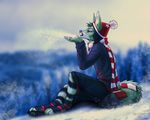  2017 4_toes 5_fingers anthro canine clothed clothing detailed_background digitigrade fox fur green_fur kero_tzuki mammal snow toes 