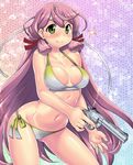  &gt;:) akashi_(kantai_collection) bikini breasts cleavage collarbone colt_python commentary_request firearm gun hachimaki hair_ribbon handgun hase_yu headband holding holding_gun holding_weapon kantai_collection long_hair looking_at_viewer medium_breasts navel revolver ribbon side-tie_bikini smile solo sparkle swimsuit tress_ribbon trigger_discipline v-shaped_eyebrows weapon 
