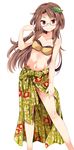  bare_arms bare_legs bikini breasts brown_bikini brown_hair cleavage collarbone contrapposto floral_print futatsuiwa_mamizou futatsuiwa_mamizou_(human) glasses hair_ornament highres leaf leaf_hair_ornament leaf_on_head long_hair looking_at_viewer maturiuta_sorato navel red_eyes sarong simple_background small_breasts smile solo standing stomach swimsuit touhou white_background 