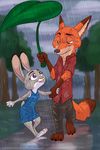  2017 akiric anthro barefoot breasts buckteeth canine clothed clothing cloud disney dress duo eye_contact female fox fur green_eyes hand_holding judy_hopps lagomorph leaf male male/female mammal nick_wilde outside path purple_eyes rabbit raining reflection romantic_couple small_breasts smile teeth tree walking wet wet_clothing wet_fur zootopia 