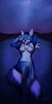  2017 4_toes anthro blue_eyes blue_fur blue_hair breasts canine digitigrade featureless_breasts female fur hair kero_tzuki mammal navel nude sky smile solo star starry_sky toes wolf 