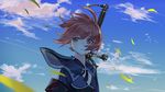  adapted_costume armband cloud cloudy_sky day hair_blowing highres iron_cross kantai_collection looking_away luicent parted_lips red_eyes red_hair sailor_collar sailor_collar_lift short_hair sky sword sword_hilt upper_body weapon weapon_on_back wind z3_max_schultz_(kantai_collection) 