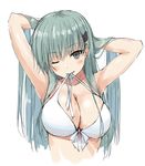  aqua_eyes aqua_hair armpits arms_up bikini breasts collarbone front-tie_bikini front-tie_top hair_lift hair_ornament hairclip hands_in_hair kantai_collection large_breasts long_hair looking_at_viewer mouth_hold one_eye_closed simple_background sketch solo suien suzuya_(kantai_collection) swimsuit upper_body white_background white_bikini 