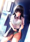  bangs black_hair blunt_bangs blurry bra breasts brown_eyes commentary_request depth_of_field drying drying_clothes large_breasts light_rays minamihama_yoriko original panties school_uniform shirt short_hair solo underwear wet wet_clothes wet_shirt 