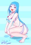  :d ass bangs barefoot bikini blue_hair blunt_bangs blush breasts cleavage covered_nipples highres hori_shin large_breasts long_hair looking_at_viewer me!me!me! meme_(me!me!me!) navel open_mouth pale_skin purple_eyes saliva saliva_trail smile solo striped striped_bikini swimsuit very_long_hair 