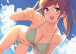  1girl :d aqua_bikini aqua_swimsuit arm ball bare_arms bare_legs bare_shoulders bent_over bikini blue_eyes blush breasts brown_hair caidychen cleavage cloud clouds collarbone diversity_promotions dutch_angle erect_nipples fang female female_pubic_hair from_above front-tie_bikini hair_ornament hairclip hand_up hanging_breasts happy highres holding holding_ball large_breasts leaning leaning_forward legs long_hair looking_at_viewer midriff musical_note navel neck ocean open_mouth outdoors ponytail round_teeth sea short_hair sky smile solo swimsuit teeth uncensored v volleyball water yuzuru_(diversity) 