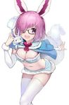  artist_name breasts capelet cleavage cosplay detached_sleeves fate/grand_order fate_(series) fou_(fate/grand_order) fou_(fate/grand_order)_(cosplay) glasses hair_over_one_eye hat mash_kyrielight medium_breasts mins_(minevi) navel purple_eyes purple_hat short_hair smile solo tail thighhighs thighs white_background 