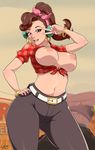  1girl alternate_costume areolae artist_name bracelet breast_cutout breasts brown_eyes brown_hair d.va_(overwatch) earrings exlic front-tie_shirt hand_on_hips headphones looking_at_viewer navel nipples open_mouth overwatch ribbon shirt solo v_over_eye 