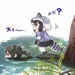  :d alligator_tail american_alligator_(kemono_friends) animal_ears black_hair black_skirt brown_eyes commentary common_raccoon_(kemono_friends) elbow_gloves fur_collar gloves gradient_hair green_hair grey_hair kemono_friends long_hair looking_away multicolored_hair multiple_girls open_mouth pantyhose parody partially_submerged photo-referenced pleated_skirt ponytail purple_eyes raccoon_ears raccoon_tail revision riding short_hair short_sleeves shoulder_spikes skirt smile spikes swimming tail tanaka_kusao translation_request tree water white_legwear 