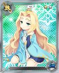  blonde_hair blue_dress card_(medium) dress green_eyes hair_intakes kantaka koihime_musou long_hair object_on_head official_art sitting solo teiiku very_long_hair 