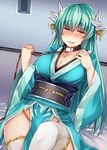 aqua_hair bad_id bad_pixiv_id bangs blush breasts cleavage collar commentary_request dragon_horns eyebrows_visible_through_hair fate/grand_order fate_(series) foreshortening green_hair hair_ornament horns japanese_clothes kimono kiyohime_(fate/grand_order) large_breasts leash long_hair long_sleeves looking_at_viewer nose_blush obi parted_lips pelvic_curtain sabujiroko sash sitting smile solo thighhighs white_legwear wide_sleeves yellow_eyes 