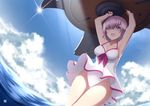  armpits arms_up bangs blue_sky breasts cloud cloudy_sky commentary_request day dutch_angle fate/grand_order fate_(series) hair_over_one_eye highres holding holding_shield lavender_hair light_rays mash_kyrielight medium_breasts mku ocean one-piece_swimsuit open_mouth purple_eyes purple_hair shield short_hair sky smile solo sunbeam sunlight swimsuit swimsuit_of_perpetual_summer teeth thighs upskirt wading white_swimsuit 