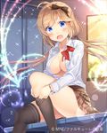  :o adjusting_clothes adjusting_legwear ahoge bangs blonde_hair blue_eyes blush bow bowtie bracelet breasts brown_skirt cleavage commentary_request copyright_name dressing falkyrie_no_monshou floating_hair hair_bow indoors jewelry knee_up long_hair long_sleeves looking_at_viewer low_twintails medium_breasts no_bra no_panties official_art open_mouth partially_unbuttoned plaid plaid_skirt red_bow red_neckwear shirt sitting skirt solo sparkle thighhighs twintails watermark wavy_mouth white_shirt yuraiko 