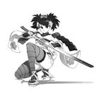  armor commentary flower greyscale hair_flower hair_ornament japanese_armor japanese_clothes katana kimono momohime monochrome oboro_muramasa sheath short_kimono shoulder_armor simple_background sode solo sword thighhighs typo_(requiemdusk) unsheathing weapon white_background 